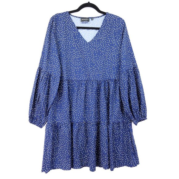 Retrofete Silk Tiered Mini Dress Size Large Blue Polka Dot Balloon Long Sleeve - Picture 1 of 14